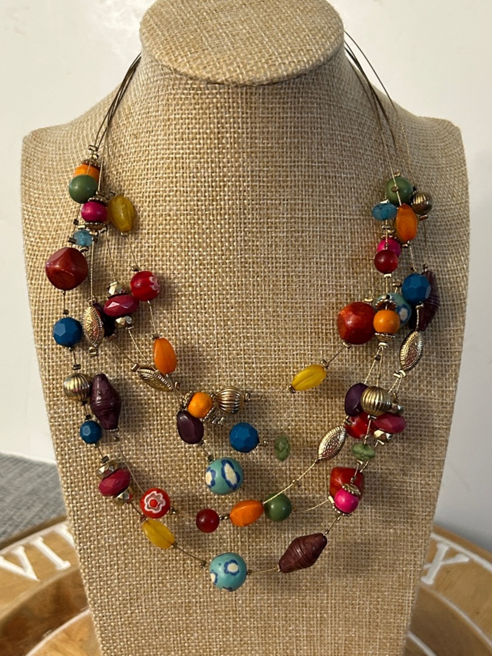 Multicolor Beaded Statement Necklace on memory wire - Picture 6 of 8